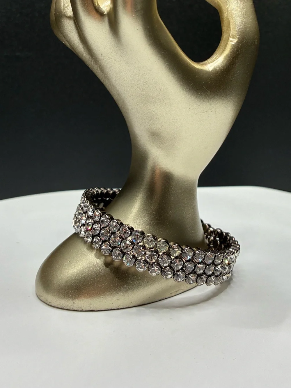 Vintage Gunmetal Crystal Flex-Cuff Bracelet W/Clear Rhinestone